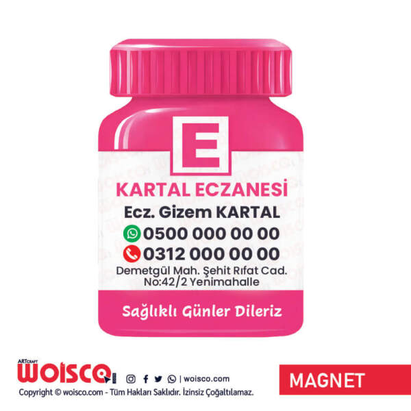 1000 Adet Pembe Şişe Eczane Magnet Baskı / Bastırma Turkuaz